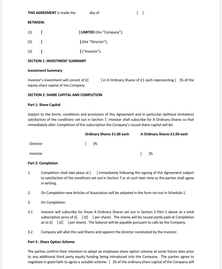 Equity Investor Agreement (UK)