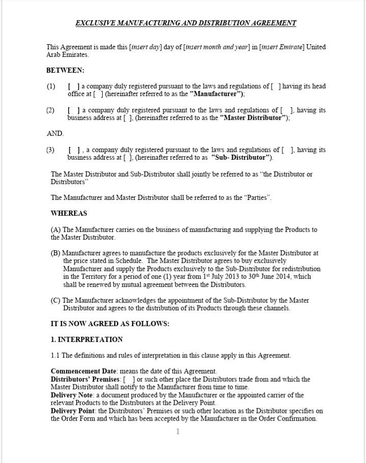 Manufacturing and Distribution Agreement Template