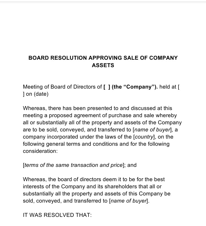 Board of Directors Resolution approving sale of Company Assets